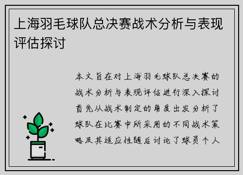 上海羽毛球队总决赛战术分析与表现评估探讨